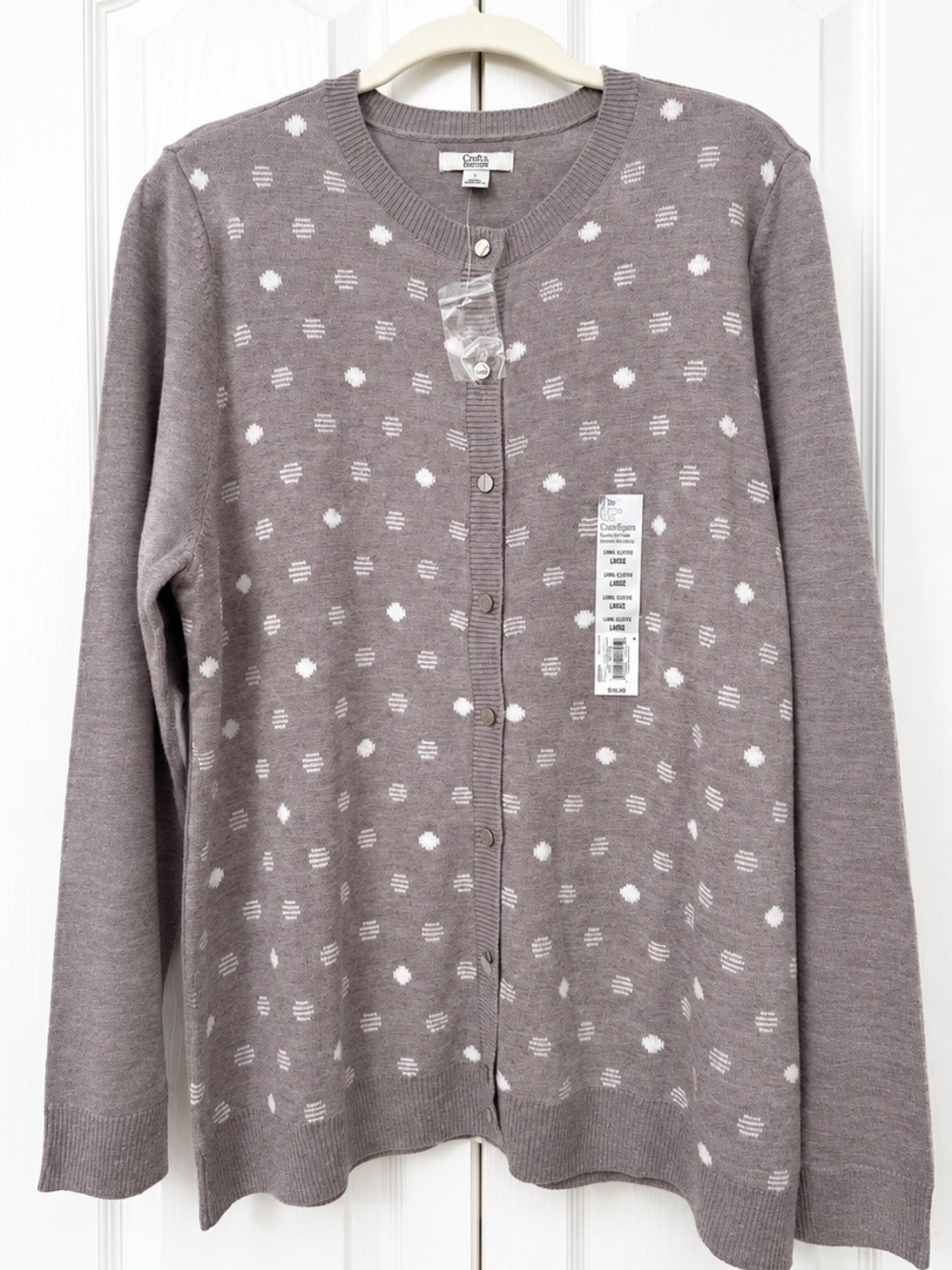 Croft & Barrow Extra Soft Polka Dot Cardigan Sweater Large NWT Gray White Cozy